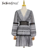 Floral Print Mini Dress For Women V Neck Lantern Long Sleeve High Waist Colorblock Dresses Summer Women's