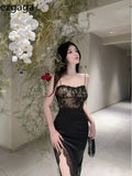 Sexy Dresses Women Lace Patchwork Floral Vintage Elegant Split Sleeveless Slim Black Party Dress Ladies Temperament-Outfit