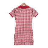 Trend Women's Lapel Small Diamond Lattice Single-Breasted Short-Sleeved Lapel Skirt Knitted Breasted Dress-Outfit