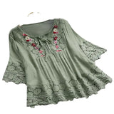 Cotton Linen Stitching Lace Elegant Solid Color V-neck Loose Women's