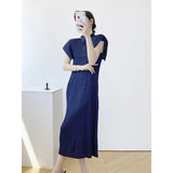 Folding Polo Collar Dress Women Loose Thin Fashion High Elegant Temperament Long