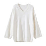 V-Neck Solid Color Loose Sweater-Outfit