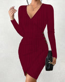 Autumn And Winter New Solid Color V Collar Tight Package Hip Slim Sexy Long-Sleeved Dress Woman-Outfit