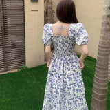 New Robe Women Fashion Loose Slash Neck Bubble Sleeve Elastic Waist Fragmented Flower Slim Breathable Long Dresses-Outfit