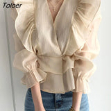 Vintage Chiffon Blouse Women 2023 New Puff Sleeve Ruffles V-neck Shirt Women Silm Casual Womens Blouses Tops Mujer
