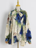 Toloer Design French Retro Print Shirt 2024 Pure Season New Fashion Dizzy Dye Lace-Up Loose Top Women's Wear-Outfit