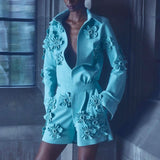 Toloer Spring New Fashion Temperament Three-Dimensional Flower Design Sense Closed Waist Show Thin Jumpsuit Shorts-Outfit