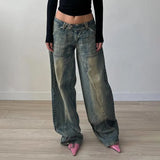 Toloer Wind Do Old Wash Water Division Casual Jeans Low Waist Straight Tube Loose Show Thin Casual Pants-Outfit