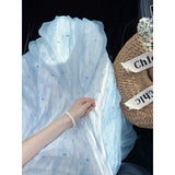 Vacation Light Blue Mesh Sling Dress Women's New Gentle Wind White Beach Floral