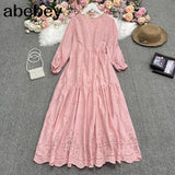 New Spring Fashion All-match O-neck long sleeve Dress high waist slim hollow out lace solid