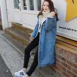 New Fashion Womens Femmes Long Coats Denim Overcoat Single Breasted Warm Fur Lining Loose Fit BF Style Female