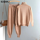 2022 2 Pieces Set Women Knitted Tracksuit Turtleneck Sweater + Carrot Jogging Pants Pullover Sweater Set CHIC Knitted