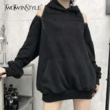 Streetwear Off Shoulder Sweatshirt For Women Hooded Collar Long Sleeve Casual Black Sweatshirts Female Fashion New 1028-1-Outfit