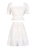 2025 New Fashion Leisure Holiday Bubble Sleeve T-Shirt + White Embroidery Shorts Set For