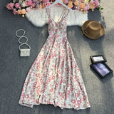 New Summer Fashion V-neck sleeveless off shoulder Dress high waist pleated waist print mid-length A-line