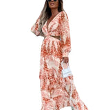 Autumn Dress Long Leaf Print V-Neck Hollow Out Long Sleeve Casual Womens Frock Traf Vestidos Para Mujer Robe Sexy