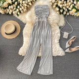 Women Sexy Strapless Jumpsuits Ruched Sleeveless Elegant Solid Rompers Summer Off Shoulder Beach Wide Leg Long