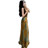 Long French Retro Oil Painting Wind-Daughted Sling Skirt Dress Dress Dress Dress