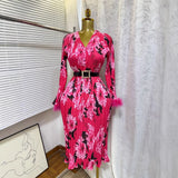 Elegant Dress Women 2025 New Light Style Waist Hair Sleeve Splicing Print 100-Folded Long