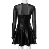 Black Long Sleeve Mesh PU Leather Mini Dress-Outfit