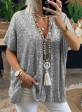 Regular Sleeve Sequined V-neck Loose-fitting T-shirt