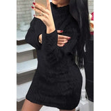 Women Autumn Winter Long Sleeve Turtleneck Faux Fur Fluffy Bodycon Dress Sexy Party Club Night Sheath Mini Dress