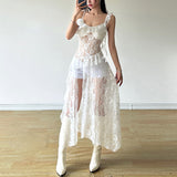 Toloer Summer New Women's French Lace Hollow Perspective Slit Slip Dress-Outfit