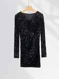 Toloer Lined Elegant French V Collar Sequin Wrapped Hip Skirt Slim Pleated Long Sleeve Skirt Gold Wind Velvet