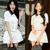 Girl Skirt Set Spring/Summer Academy Style Short Sleeve White Polo Neck Shirt Half Skirt Two Piece Set Women Outfits-Outfit