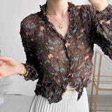 Folded Print Folding Shirt 2025 Summer New Cardigan Blouse Retro Temperament Wrinkled