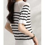 Women's Striped Round Neck Button Pullover Gauze Solid Short Sleeve T-shirt Casual Office Lady Vintage Knitted Tops-Outfit