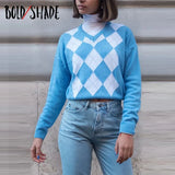 Bold Shade Indie Preppy Style Grunge Sweater Knitted Argyle Vintage Women 90s Skater Fashion Clothes Winter Long Sleeve