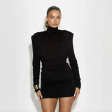 Turtleneck Long Sleeve Puff Pleated Mini Dress-Outfit