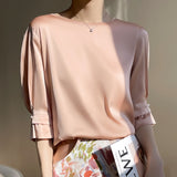 Toloer Summer Female New Round Collar Temperament Loose Short Pearl Sleeve Decoration Simple And Versatile T-Shirt-Outfit