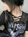 Subcultural Retro Lace up V-Neck Loose Print T-shirt Y2K Top Summer Short Sleeve Tshirts Women Harajuku Clothing Female-Outfit