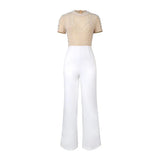 Round-Neck Short-Sleeved Nail Beads Jumpsuit Casual Wind High Waist Thin Party Dress