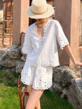 And Summer New French Embroidered White Cotton Set Women's Short-Sleeved Holiday Shorts Set Women's