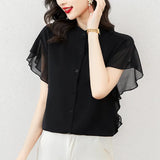 Toloer New Summer Of 2023 Loose Show Thin Short Sleeve Lotus Leaf Sleeve Jacket Thin Design Sense Minority Chiffon Shirt Girl-Outfit