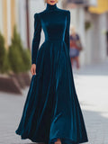 Women's Autumn And Winter Gold Velvet High Collar Bubble Sleeves To Close The Waist Big Dress Elegant Long