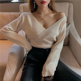 Fashion Sexy Cross V-Neck Women's Sweaters Autumn Winter Bottoming Slim Female Jumper Casual Solid Bodycom Beige Grey