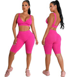 Solid Color Backless Crop Top And Shorts Casual Sports Two Piece