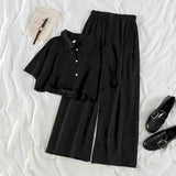Vintage Two Pieces Set For Women 2022 Casual Summer Short Sleeve Shirt Blouse+Loose Wide Leg Pants Casual Female