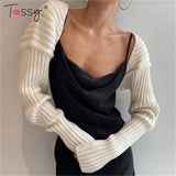 White Women Sweater Shrugs Cropped Top Full Lantern Sleeve Knitwear Pullover Sexy Summer High Street Outwear 2021