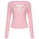 Patchwork Lace Bow Long Sleeve Knitted Tee-Outfit