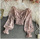 Wooden Ear Print Blouse Holiday Beach Style Slim Fit Pleat Blusas Square Collar Off Shoulder Chiffon Shirt