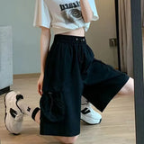 Thin Cargo Shorts Women Y2K Loose Fashion Drawstring Pocket Shorts Bf Baggy Korean Streetwear Wide Leg Knee-Length Pants-Outfit