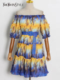 Casual Print Colorblock Dress For Women Slash Neck Puff Sleeve Patchwork Belt Fold Pleated Dresses Female 2022