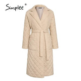 Simplee Fashion female winter windproof jacket Casual sashes women winter parka Long straight coat with rhombus pattern