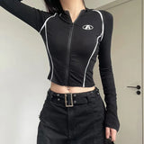 Line Patchwork Zip Up Slim Long Sleeve Tee-Outfit