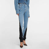 Toloer Niche Design 2024 New Middle Waist Contrast Color Splicing Washed Light Color Small Foot Jeans Trousers-Outfit